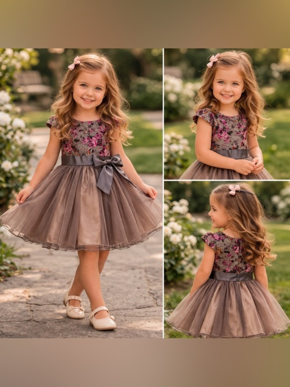 iris & ivy Brown Tulle Dress with Pink Floral Lace Bodice